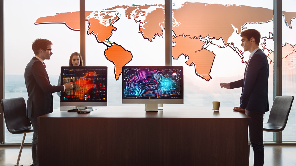 现代化办公室中的创业者们正在讨论最新的AI视频生成模型Seedance 1.0，墙上挂着全球地图，桌上放着热气腾腾的咖啡。