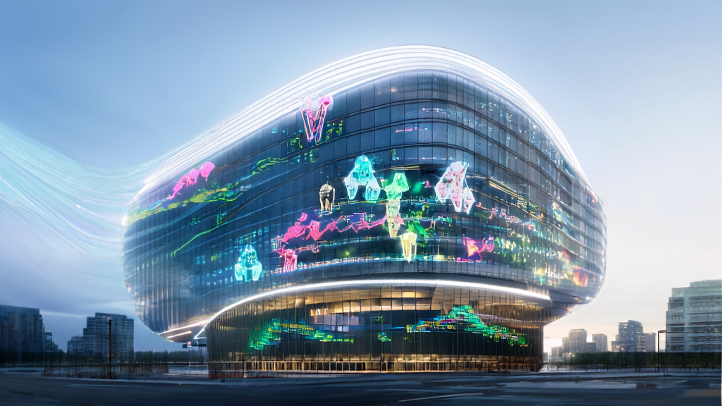 High-tech office building in a futuristic city showcasing dynamic charts of AI marketing and customer acquisition solutions