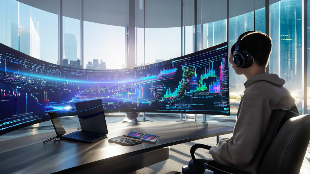 A modern office where a high school student uses AI technology for stock market analysis, with a city skyline in the background