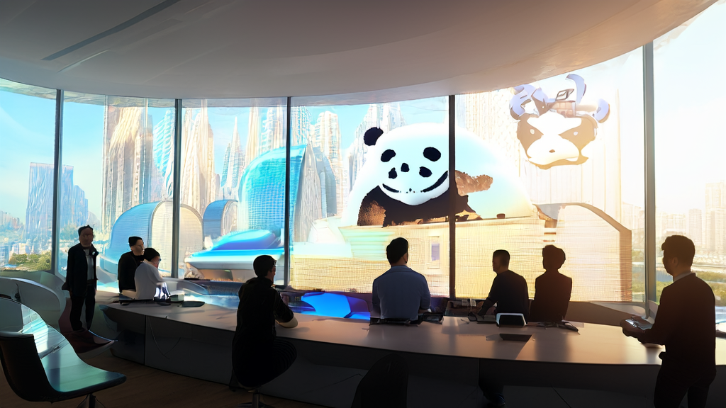 In a modern office building, a team discusses new marketing strategies using ByteDance's Waver 1.0 AI video model, showcasing creative content in clay animation style