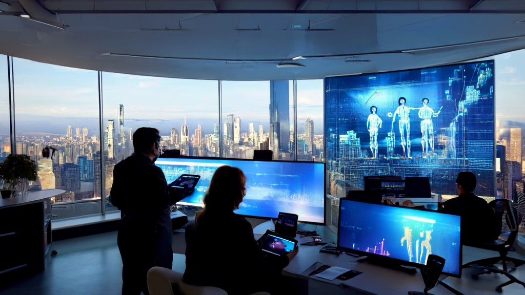 使用AI营销技术革新品牌获客路径，展示HeyGen UGC广告数字人在现代化办公室中的应用场景