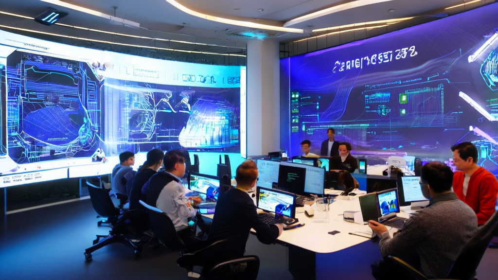 Revolutionizing cross-border eCommerce acquisition strategies with AI: Team members discuss AI-generated content and data-driven marketing plans in a tech-filled office.
