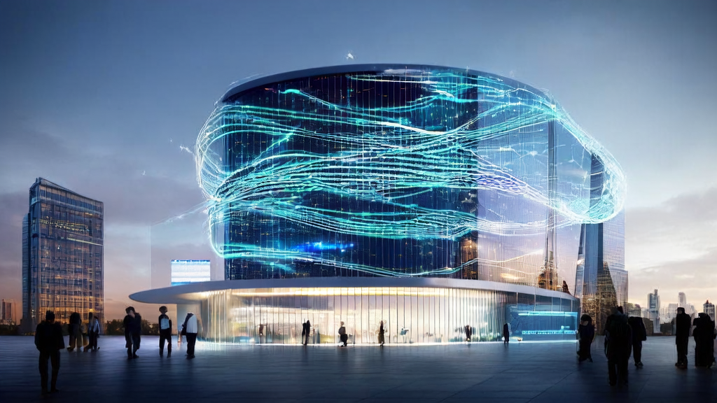 A modern office building in a futuristic city showcasing the operation of an AI smart acquisition system, highlighting the powerful processing capabilities of Qwen3-Max-Preview and the generation of personalized marketing content.