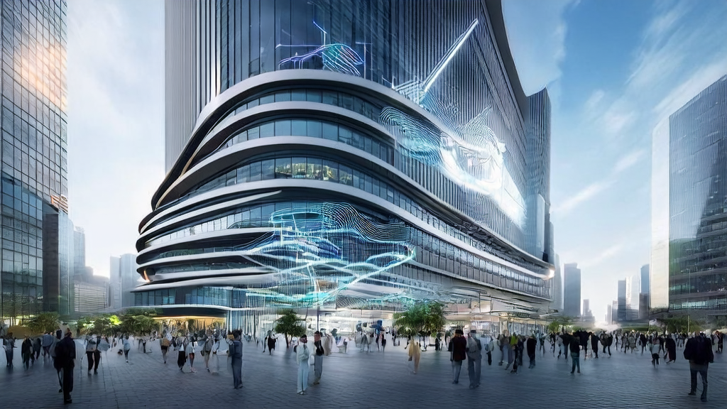 A futuristic cityscape showcasing AI marketing with a modern office building, smart billboards, and the Figma logo