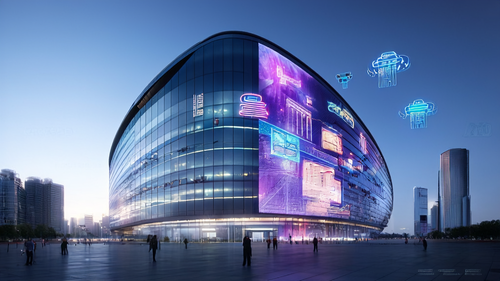未来城市的现代化企业大楼展示阿里云百炼MCP广场的AI营销解决方案