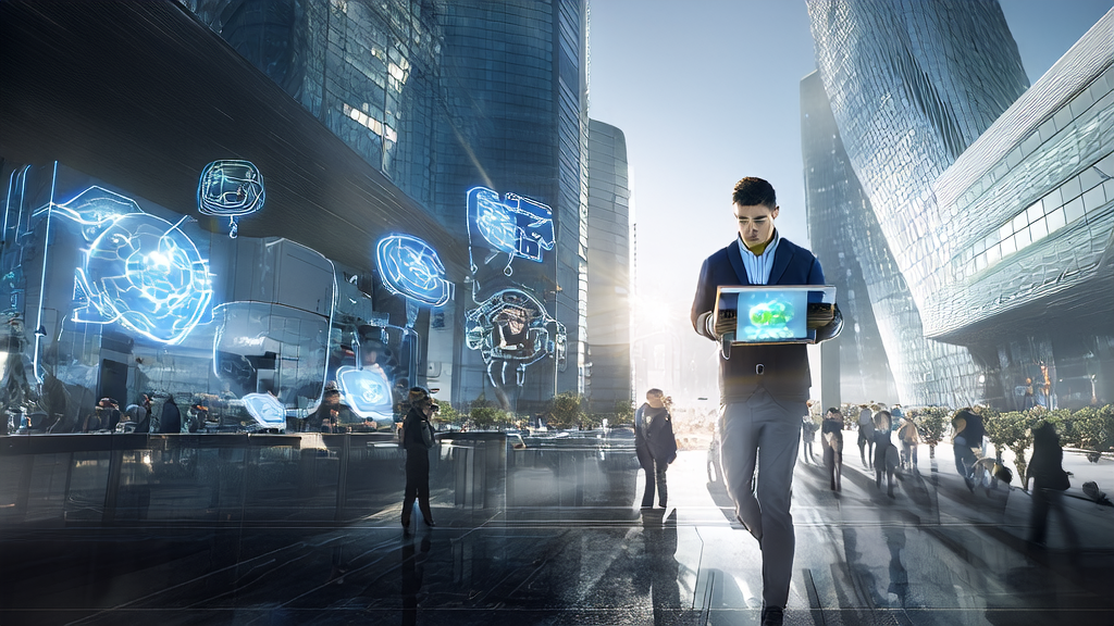 In a future city, intelligent robots showcase AI-driven customer acquisition solutions while a young entrepreneur holds a tablet, and tech professionals discuss the trust issues of AI recruitment tools.