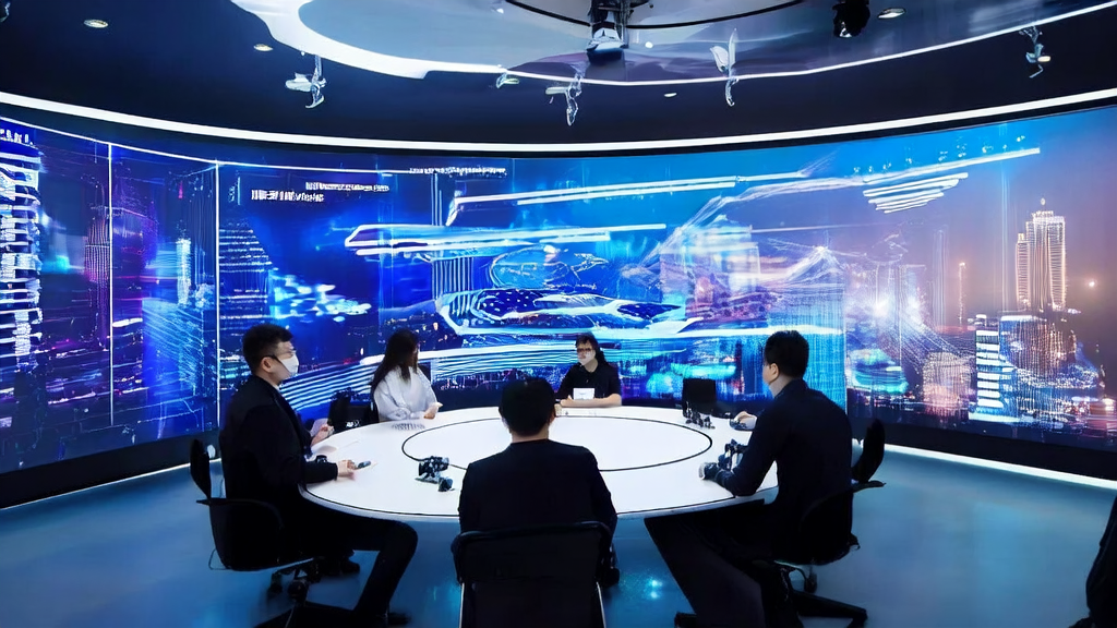 In a modern office, engineers are discussing AI marketing strategies with a poster for the Grand Model Competition in the background.