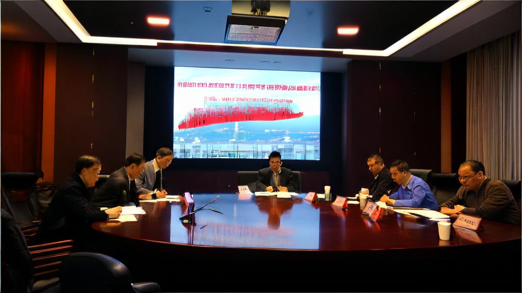 高管们在会议室中讨论超微公司业绩下滑，背景屏幕上显示AI营销工具界面。