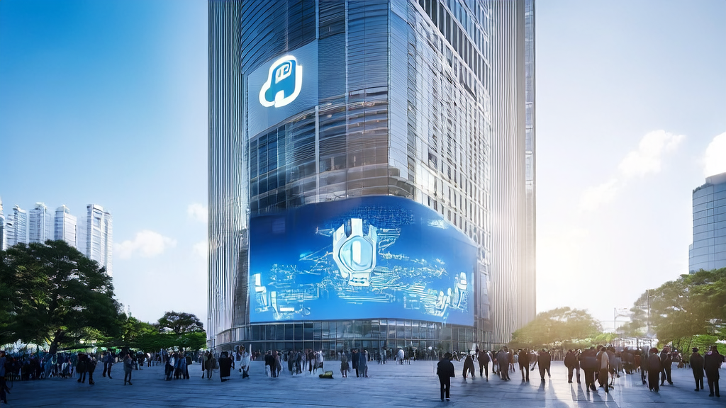 繁华都市中的现代办公大楼，展示最新AI营销策略和成功案例的触摸屏，智能机器人与营销经理交流，充满科技感和未来气息。