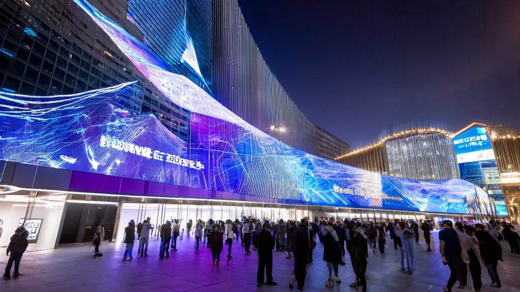The electronic screen in front of an export company's building displays the latest AI marketing strategies, while employees communicate with global clients in real-time using smart devices.