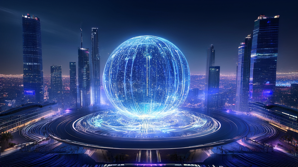 A supercomputer in a futuristic city center operates at night, surrounded by data streams and flying drone formations, symbolizing the new era of AI marketing.