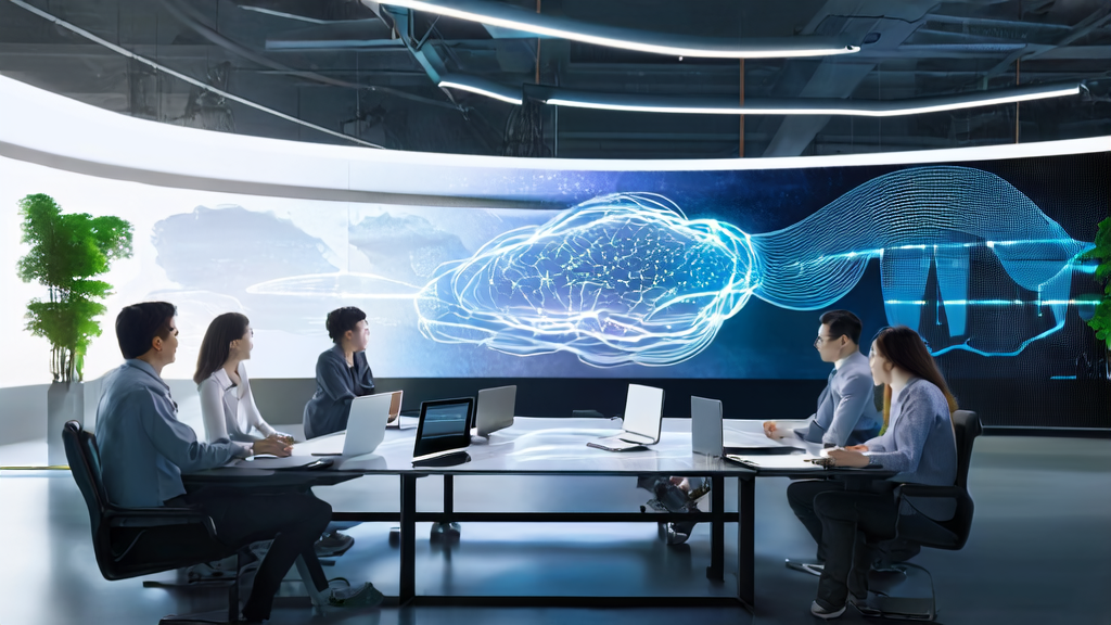 Modern office scene showcasing the use of AI marketing technology to enhance customer reach and interaction