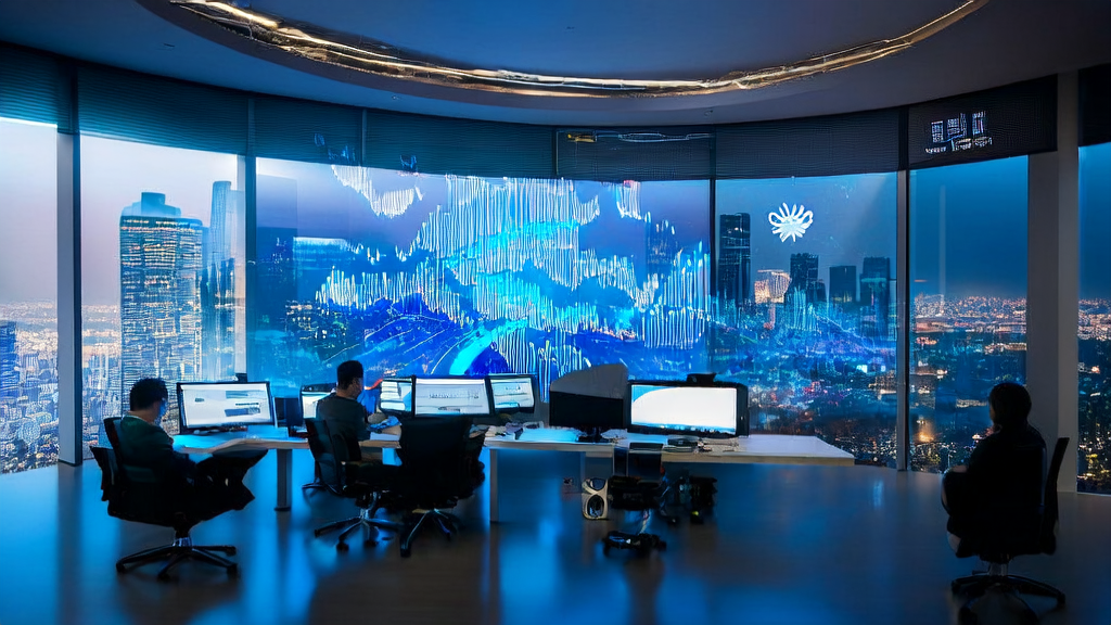 现代办公室内，数据分析师们正在处理客户数据，背景为城市夜景，墙上挂着Cognition和Windsurf的标志。