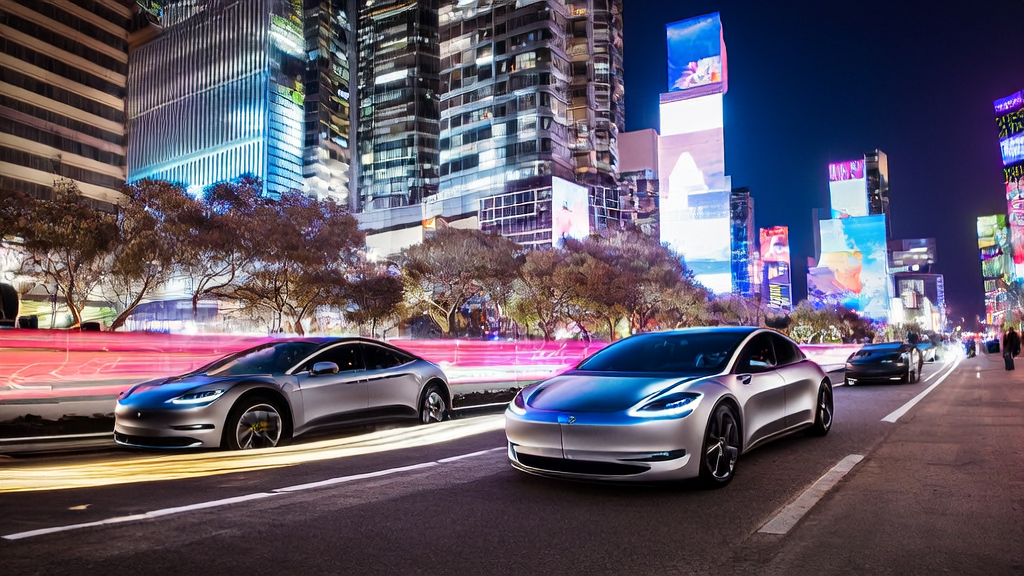 Tesla Robotaxi fleet navigating through the city, showcasing how AI technology is revolutionizing marketing methods