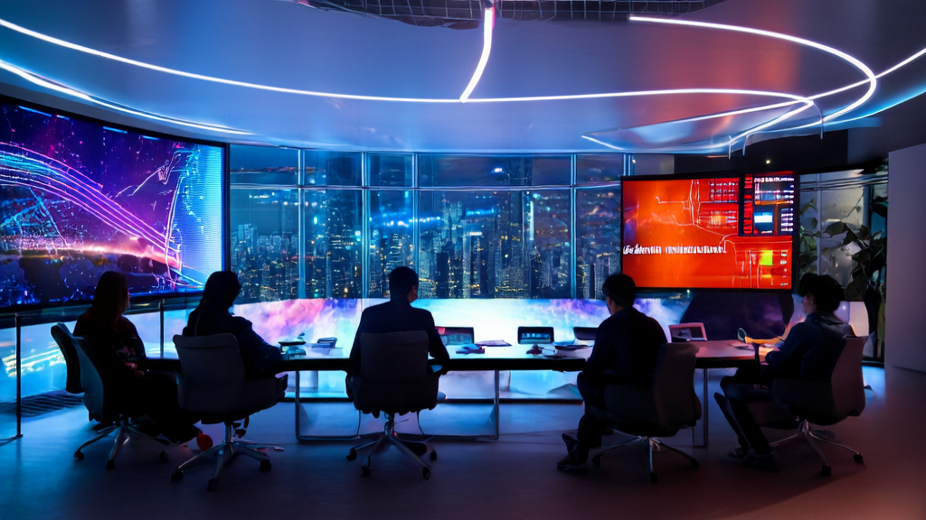 未来科技感的办公室内，跨境电商团队利用最新AI技术进行市场分析和获客策略优化