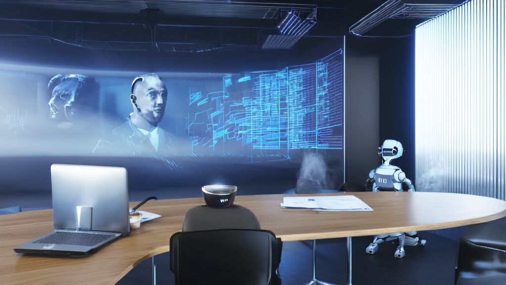 A high-tech office interior showcasing the application of AI technology in marketing, including complex algorithms and data streams.