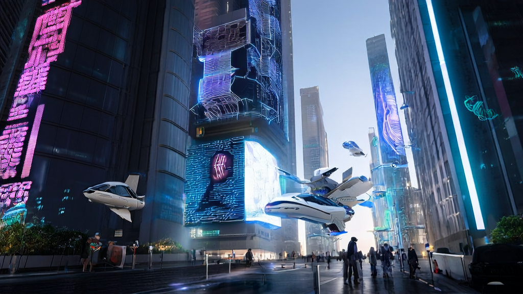 A futuristic city street where Unitree's humanoid robot R1 interacts with pedestrians, showcasing the latest AI marketing trends
