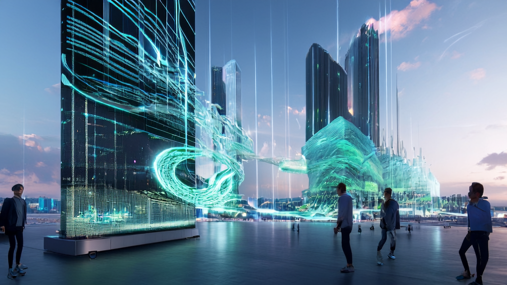 A futuristic city where businesses utilize Volcengine and DreamAI for efficient AI marketing and data cleansing services