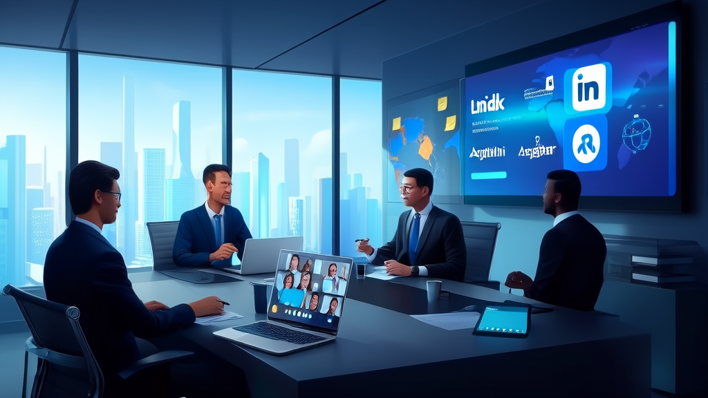 AI Marketing: Transforming B2B Customer Acquisition in the export sector, showcasing a modern office where employees use smart devices and LinkedIn for global business expansion.
