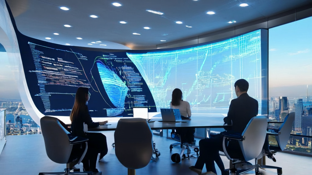 几位数据科学家在现代化办公室中使用先进设备分析客户数据，展示AI营销如何重塑企业获客策略。