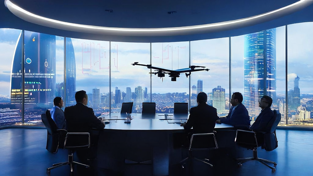 Business leaders in a high-tech meeting room using AI marketing tools to analyze Quora customer data and develop precise marketing strategies.