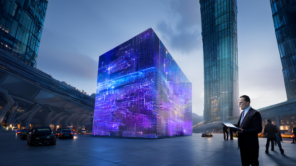A futuristic city scene showcasing AI marketing, featuring AI-based customer data cleansing services and Musk's Grok project.
