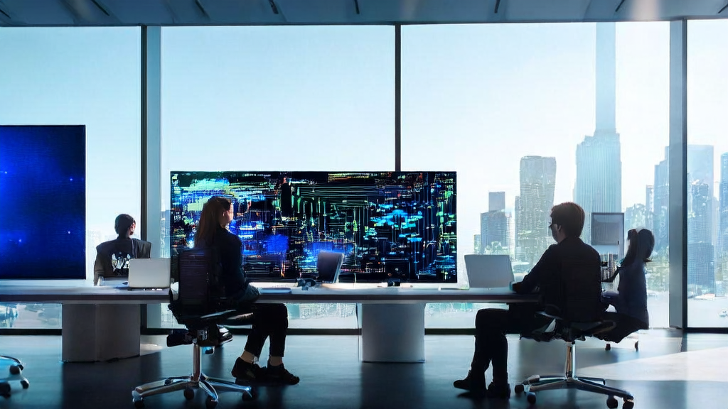 现代化办公室中，团队围绕大屏幕讨论AI营销方案，背景为城市天际线