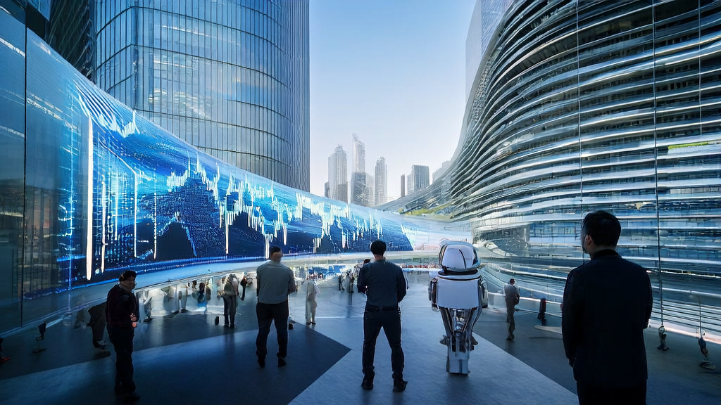 Data scientists in a futuristic city using AI technology for precise marketing analysis