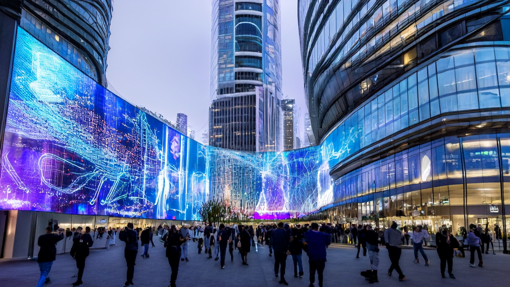 未来城市中，跨境电商公司利用AI技术进行精准广告投放和客户获取，展示高效市场营销策略。