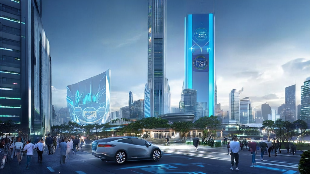 科技感城市天际线，展示微软Azure支持Grok AI和谷歌地图客户采集的应用场景