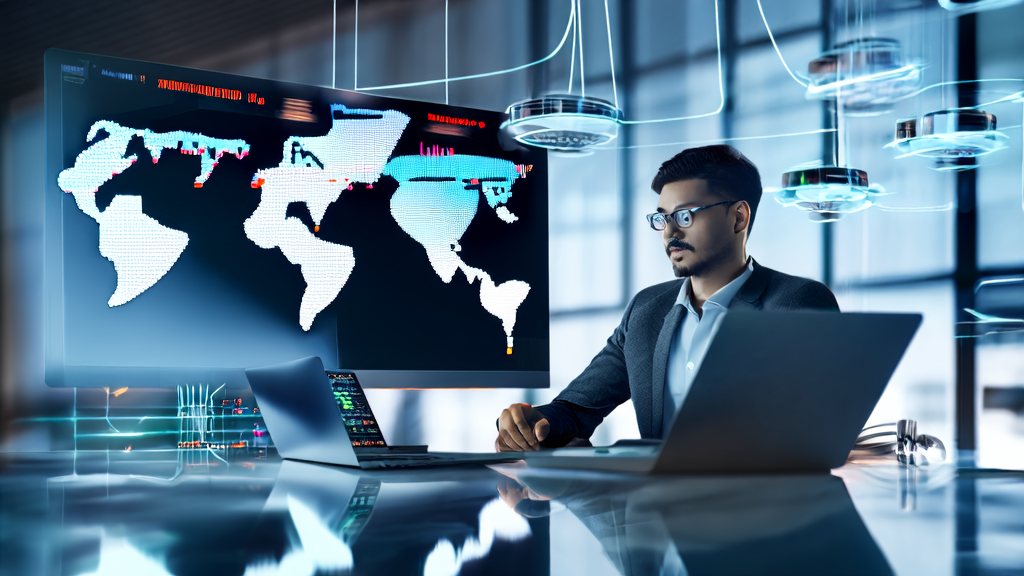 An office worker using AI tools for customer acquisition analysis in a high-tech meeting room