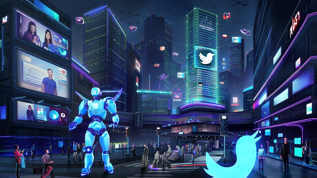 未来城市中的AI机器人与人们互动，展示基于Twitter数据的营销创意