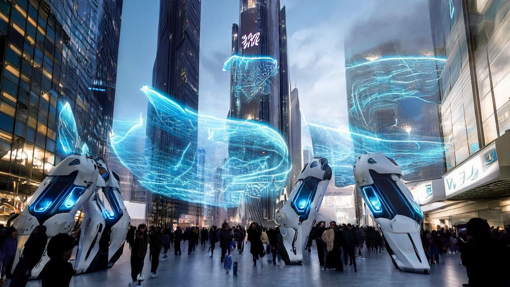 A futuristic city scene where an AI robot demonstrates the latest marketing solutions, and people receive personalized ad recommendations on their phones.