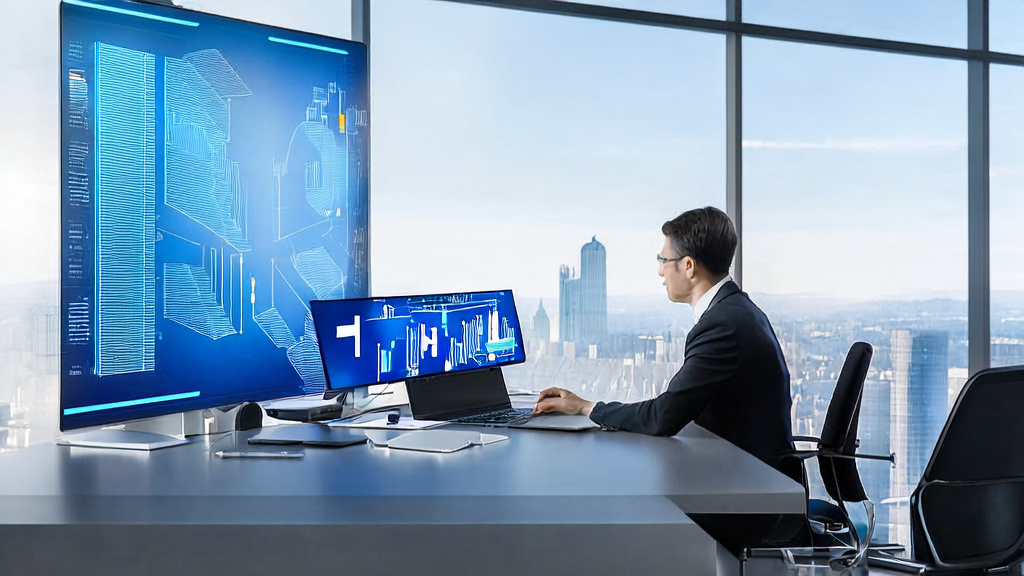 Business professional analyzing data using AI-driven B2B acquisition software in a modern office