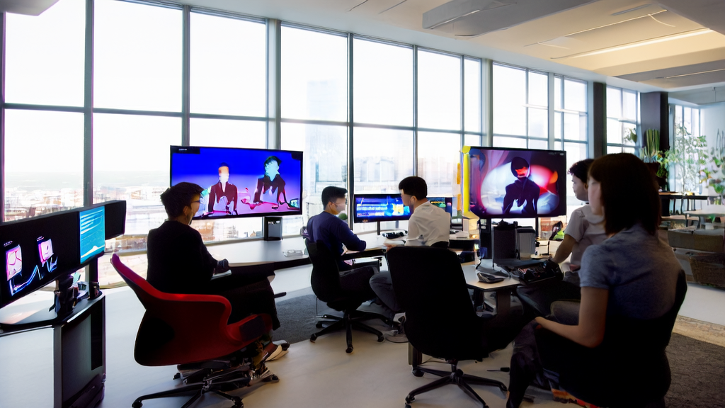 Creative team discussing AI video enhancer and Niji model in a modern office