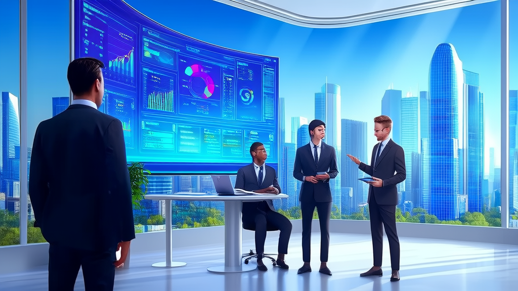 A modern office scene where analysts discuss AI+marketing strategies using Vidi multimodal models and Quora customer data