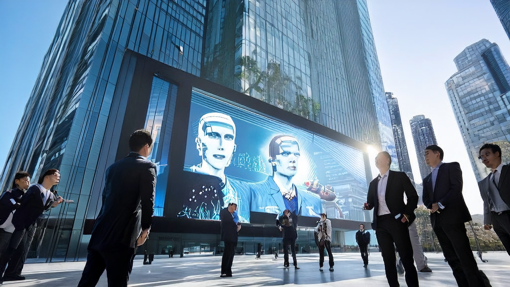 百度NOVA数字人在繁华都市中与职业人士互动，展示最新产品和营销方案。