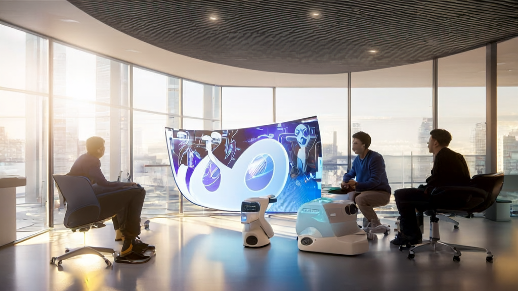 A futuristic office scene using ComfyUI-C opilot for AI marketing to enhance customer acquisition efficiency