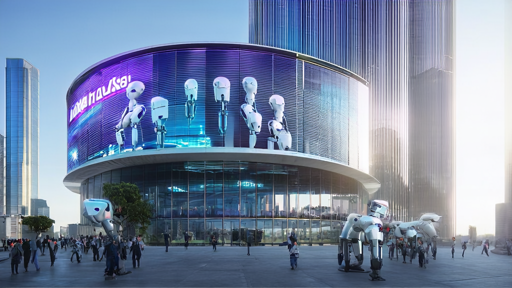 AI Marketing Innovation: Creao AI's Revolution, showcasing a scene of intelligent robot collaboration and a modern office building