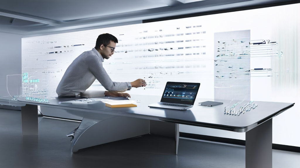 Future office scene combining AI marketing with E Ink touchpad