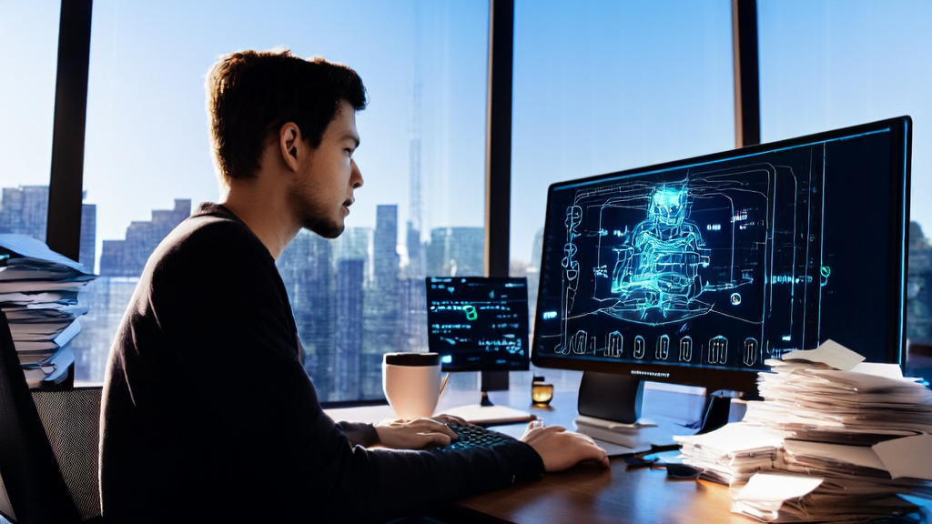 年轻的创业者在现代化办公室中使用ElevenLabs进行高效邮件营销