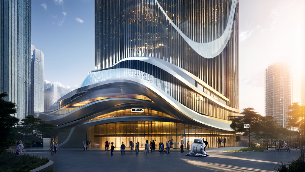 In front of a modern marketing center in a futuristic city, a robot greeter welcomes visitors with a smile while a large screen displays a live demo of Gemini 2.5 Pro Preview.