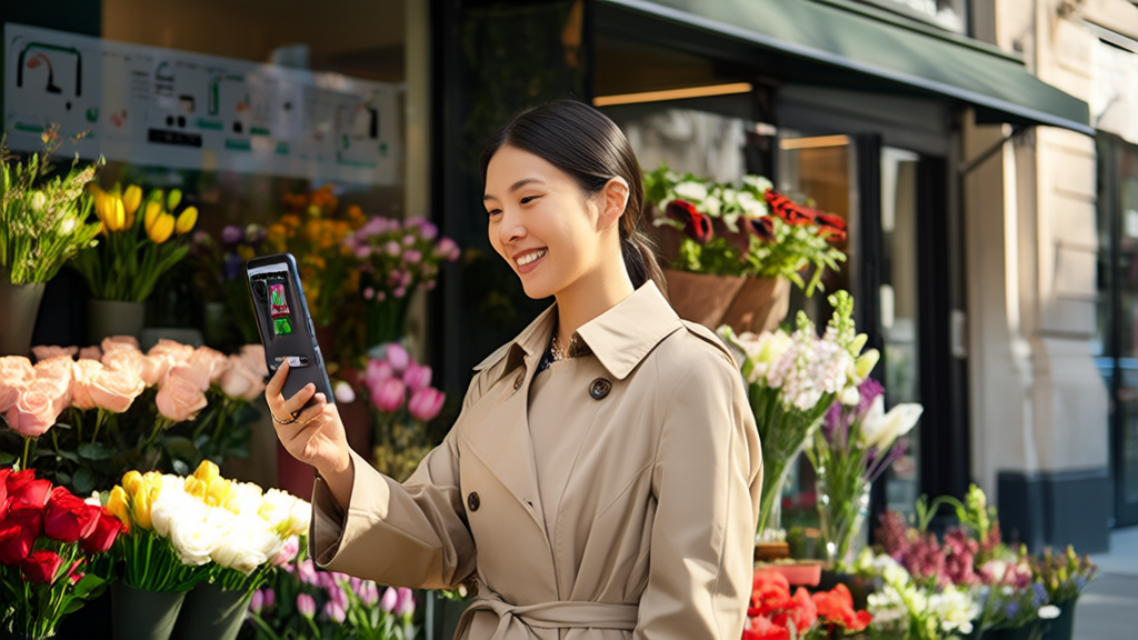 Young entrepreneur using "Take a Photo and Ask Quake" feature for customer data collection outside a flower shop