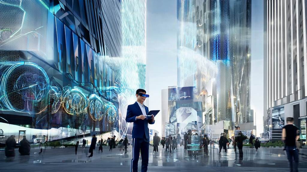 A futuristic city scene where an entrepreneur uses GPT-5 for data analysis and marketing strategy optimization