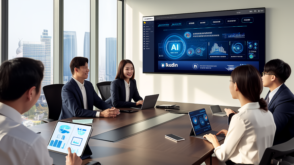 在阳光明媚的现代化办公室中，创业者们正在讨论利用LinkedIn客户数据进行AI营销的策略。