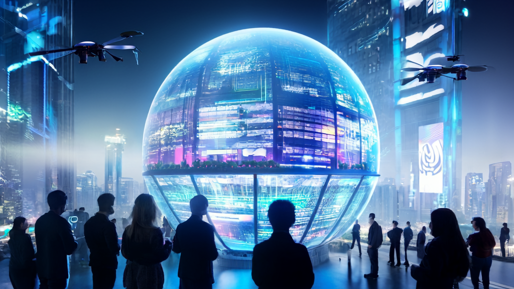 未来城市的高科技场景，展示多模态AI与社交数据分析在市场营销中的应用