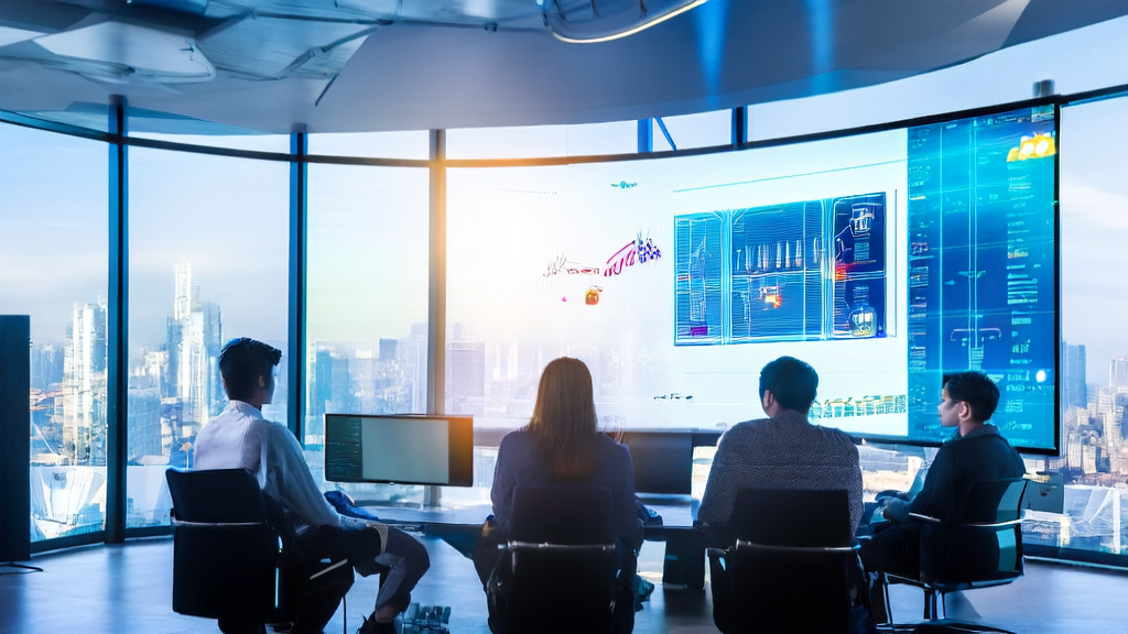 未来感办公室中展示多模态AI邮件营销技术的场景