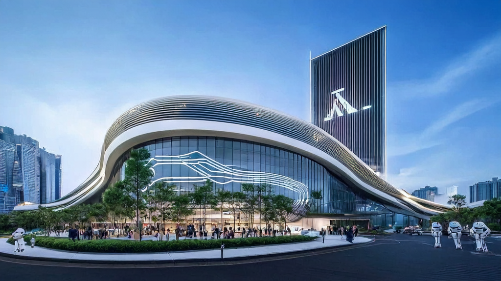 High-tech company in a futuristic city showcasing Panasonic's OmniFlow multi-modal generative AI technology