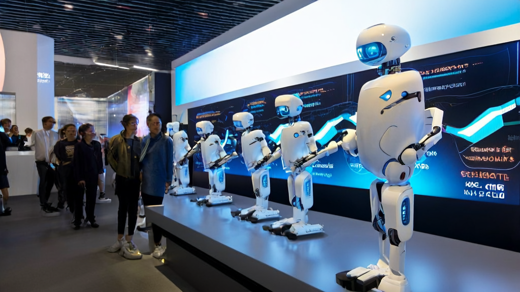 Humanoid robot R1 interacting with visitors at a tech expo, showcasing the latest AI marketing technology