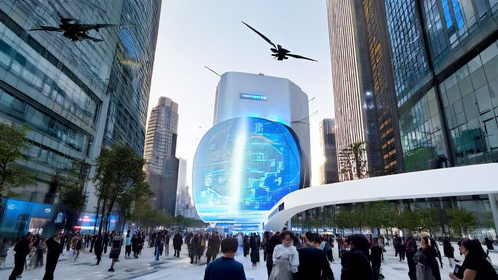 城市中心的巨大显示屏展示小米MiMo模型的数据分析,人群通过谷歌地图寻找服务,无人机协助采集客户数据。